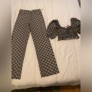Grey denim checkerboard jeans and top set. By Sofie The Label.
